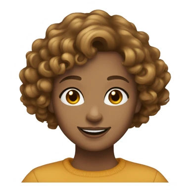 Women with a curly light brown bob, friendly smile, small to medium brown eyes, round face, small gold hoop earings sticker