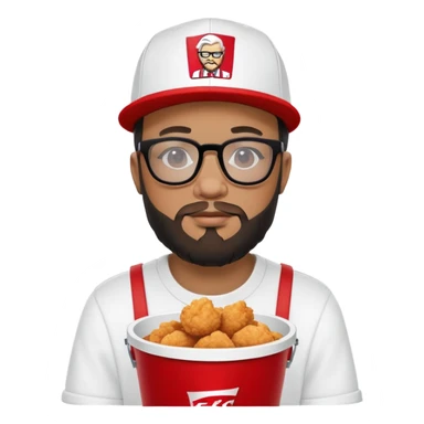 BBNO$ rapper sitting in a KFC bucket, glasses, beard, snapback cap sticker