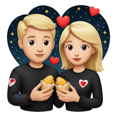 Couple with blonde hair wearing black eating chick filet hearts and outer space in the background  sticker
