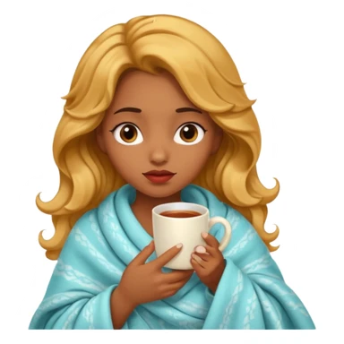 cute and sexy brown skin girl, golden wavy hair, sexy face expression, feeling sick, nose is red due to sickness, covered by blanket, holding tea mug in hands sticker