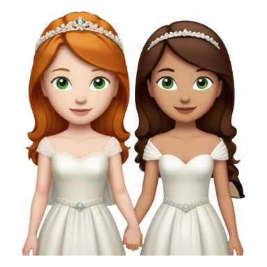 A ginger woman with blue eyes, marrying a taller woman with very dark brown hair and green eyes, both in wedding dresses. sticker