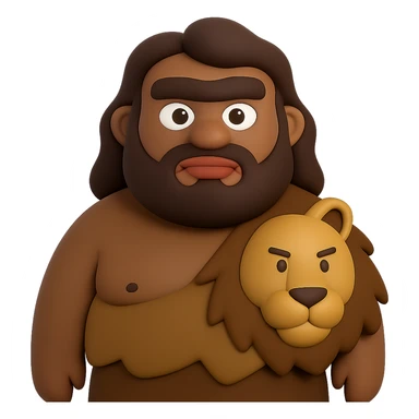 Make the caveman chunkier, give him a unibrow, darker skin, and clothing made out of lion skin. The original style is 3D emoji style, but since it does not support editing, please keep the look as close as possible to 3D emoji style while making these changes. Remove the background. sticker