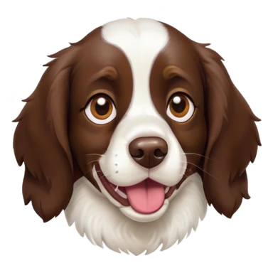 Cinematic Comical Springer Spaniel Portrait Emoji, Head tilted dramatically with an exaggeratedly amused expression, featuring a striking liver and white Fur with dynamic patterns, wide, expressive brown eyes filled with playful disbelief, Simplified yet hilariously expressive features, highly detailed, glowing with a slightly sassy glow, high shine, dramatic yet playful, stylized with an air of cheeky mischief, bright and endearing, soft glowing outline, capturing the essence of a spirited and over-the-top companion, so meme-worthy it feels like it could side-eye its way into internet fame instantly! sticker