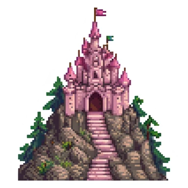 majestic and beautiful pink castle on top of a high mountain, pixel art emoji style, cute and detailed, bright colors, fantasy atmosphere sticker