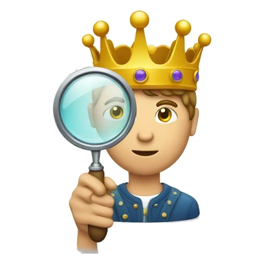 a man holding and looking through magnifying glass with crown sticker