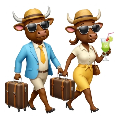 generate an emoji of a group of up to 8 male and female bulls travelling together on holidays. One bull has a suitcase, one has sunglasses, one is carrying a cocktail. They're all in motion, walking together. Make the characters look like bulls. They wear summer clothes sticker
