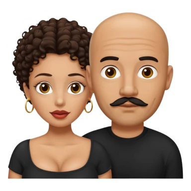 A picture of a tanned couple. the man is a Mexican man with tanned skin, black hair, a bald hair cut, short beard and wearing a black shirt. the woman is mixed, with curly medium length hair, with big boobs and lips  sticker