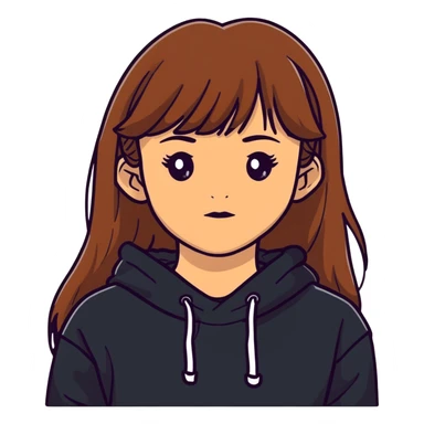 Light skinned girl with brown eyes, long brown hair with bangs, wearing a black sweatshirt sticker