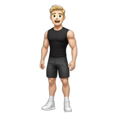 amazed Open with surprise mouth Pale skinned Fit Man With the biceps and dark brown hair in black shirt, gray sports shorts and white Sneakers sticker