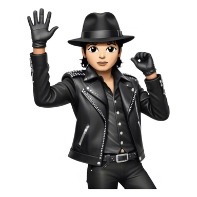 Icon for R&B Music: Michael Jackson in his black fedora, sparkling glove, and leather jacket, striking his famous final pose after performing, with one arm raised and head tilted back. Musical notes surround him, symbolizing the essence of R&B. Transparent background. sticker