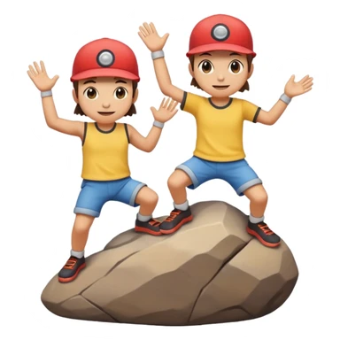 Two Pokémon characters working together — one is helping the other climb onto a small rock. Both look joyful and kind, with a bright, cheerful cartoon emoji style. sticker