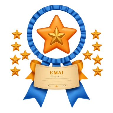 Create a glossy 3D certificate emoji with a cream diploma, rounded corners, a blue ribbon seal, orange tails, and an embossed star. sticker