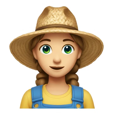 farmer girl with blue eyes, brown hair, with a straw hat, ponytail, holding greens sticker