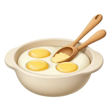 a dozen eggs, a ceramic mixing bowl with a wooden spoon and a plate of butter sticker
