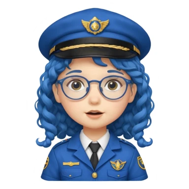 scout girl baby with uniform including the hat,  little with glassess and long curly blue hair sticker