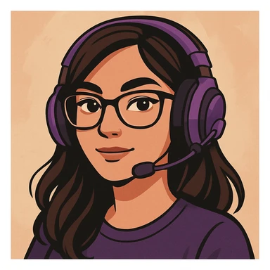 female brunette wearing glasses and a purple gaming headset, modern illustration style sticker