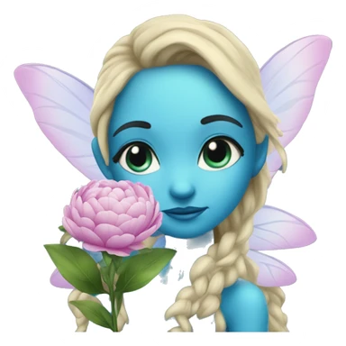 A fairy smells a blue blue glittery flower that looks like a peony sticker