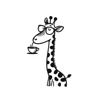 Giraffe with silly glasses trying to drink from a tiny tea cup sticker