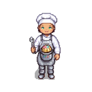 Portrait of a baker wearing a metallic baking suit with built-in tools, chrome textures and LED accents, skeuomorphism style sticker