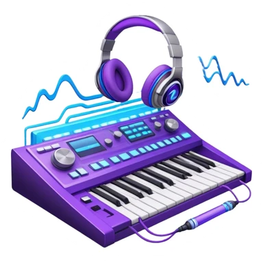 Create a sleek and modern emoji that represents sound design. The design should feature sound waves, a sound mixing console, and a pair of studio headphones to symbolize the process of creating and shaping sound. Include elements like a synthesizer or audio effects buttons to highlight the creative tools used in sound design. Use futuristic colors like neon blue, purple, and silver to convey the cutting-edge, experimental nature of sound creation. The background should be transparent. sticker
