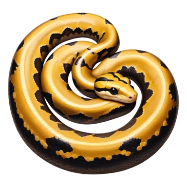 A photo-realistic top-down view of a Ball Python gently coiled into a tight spiral, with its head resting peacefully at the center. Its scales are warm brown with bold, irregular black markings, including the distinctive “alien-head” pattern, flowing smoothly along its body.  sticker