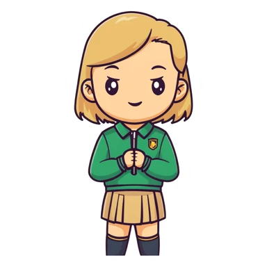 girl in a school uniform wearing a green polo, beige skirt, grey zipper jacket sticker