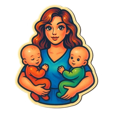a mother standing with two babies in her arms, long wavy hair, big expressive eyes and lips, retro stickers style sticker