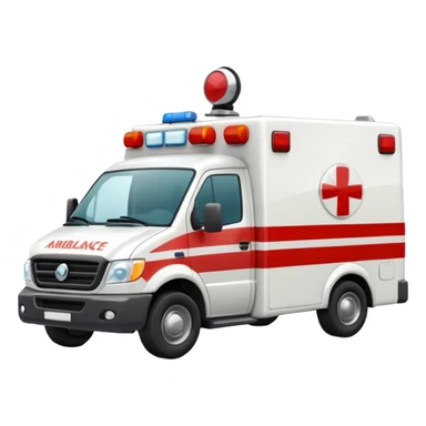 A modern white-and-red ambulance van with flashing rooftop siren.
 sticker
