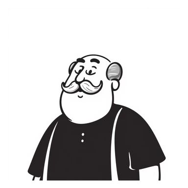 an elderly fat hairy grandpa, with a bushy mustache and balding head, wearing suspenders, hand-drawn doodle style sticker