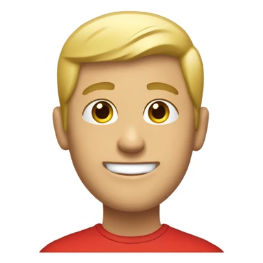 A blonde guy with very short hair wears a red t-shirt and poses with a smile sticker