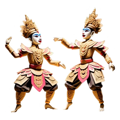 ​Cinematic Realistic Wayang Golek Ayun-ayun Dancers, depicted as intricately carved traditional wooden puppets in dynamic dance poses, adorned with vibrant painted details and expressive features, set against a softly lit stage that evokes centuries of Indonesian cultural heritage, rendered with lifelike textures and dramatic atmospheric lighting, sticker