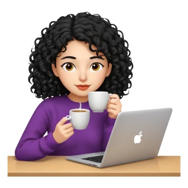 young Persian woman, 20 years old, black curly hair, wearing a sweater, sipping coffee while looking at a laptop, relaxed mood, 3D Apple emoji style sticker