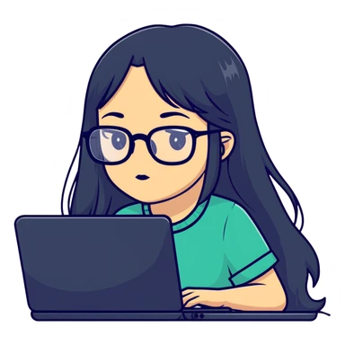 Girl with long black hair, glasses, nostril piercing, and a computer sticker