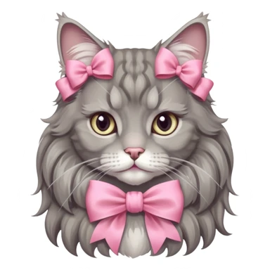 A grey Maine coon NeckWearing a pink Rococo style Bow ribbon sticker
