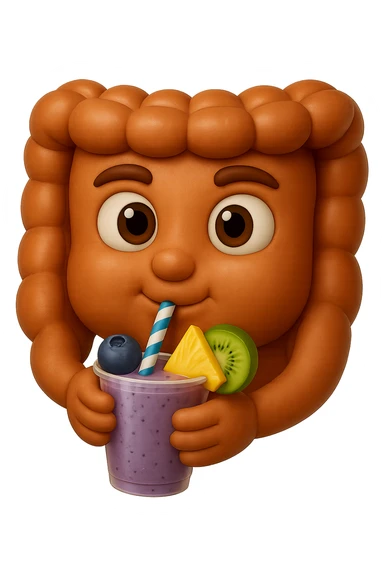 EMOJI STILE IPHONE DI un intestino umano anatomico che beve un frullato di mirtilli, ananas, kiwi, fagli anche la parte bianca degli occhi, non solo le pupille, REALISTICo 4K sticker