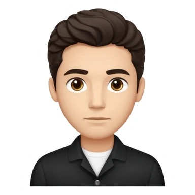 He’s a man with light to medium skin, a defined oval face, full brows, deep-set eyes, and wavy short dark brown tall hair styled with height, sides are trimmed. expression calm and focused relaxed black open-collar .polished, articulate, and coach vibe. sticker