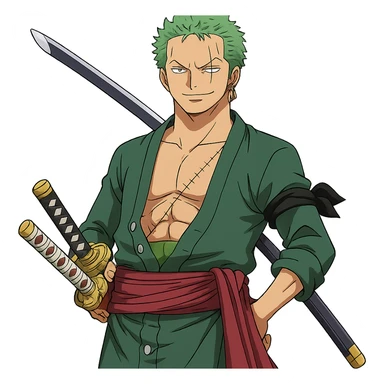 Zoro Roronoa from One Piece, anime style, green hair, three swords, confident expression sticker