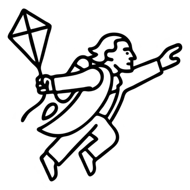 Ben Franklin flying with jetpack, left hand holding diamond kite, right arm reaching forward, clean modern black outline, startup logo sticker