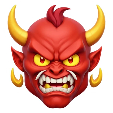 Muscular red demon emoji, 3D cartoon style, angry face, glowing eyes, unique horns. sticker