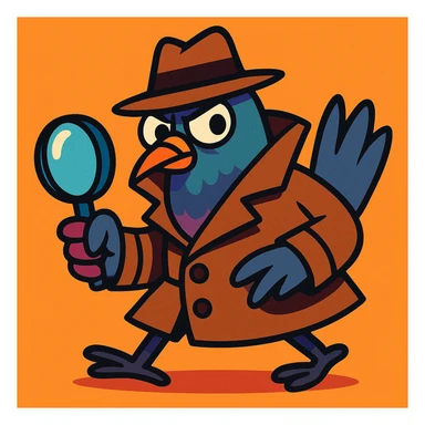 a cartoon pigeon with a trench coat and magnifying glass, looking sneaky, vibrant toon style sticker
