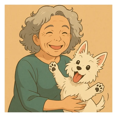 Make the Westie dog playful, with a joyful pose or playful look, keep the 50-year-old lady with silver curly hair smiling sticker