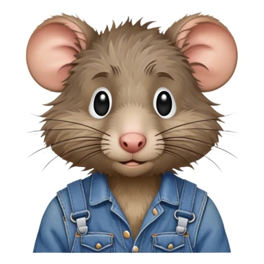 Disheveled rat wearing blue denim overalls, messy fur, looking tired and scruffy sticker