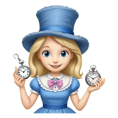 Alice in wonderland cat pointing at a pocket watch wearing a hat sticker