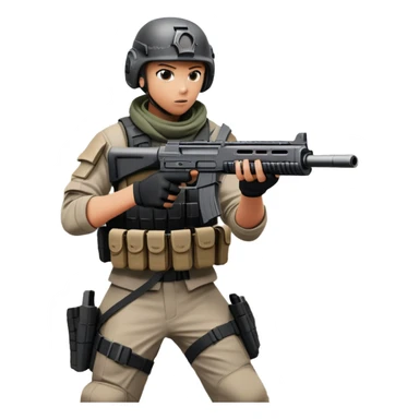 A skilled airsoft player aiming and shooting metal BBs from a replica gun, standing in a ruined urban environment. The background features crumbled walls and debris, emphasizing strategy, precision, and intense action in a tactical, team-based sport. sticker