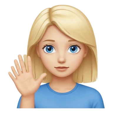 girl with blonde hair and blue eys with heands telling what  sticker