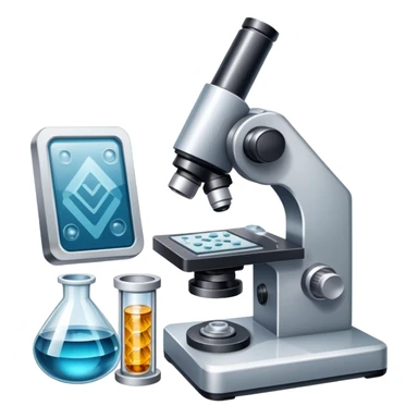 An icon featuring an electronic microscope, a metal alloy, and a crystal structure, symbolizing materials science. The design includes different materials like metals, ceramics, and polymers, alongside a stamp representing testing and quality control. Transparent background sticker