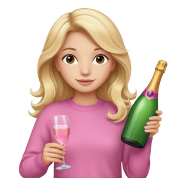 girl with long blonde wavy hair, pink sweater and brown eyes with bottle of pink champagne sticker