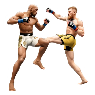 An MMA showdown between Conor McGregor and Anderson Silva in the octagon. McGregor is preparing a striking kick, while Silva is in a defensive stance. The background features the UFC octagon with cheering fans and intense energy. Transparent background  sticker