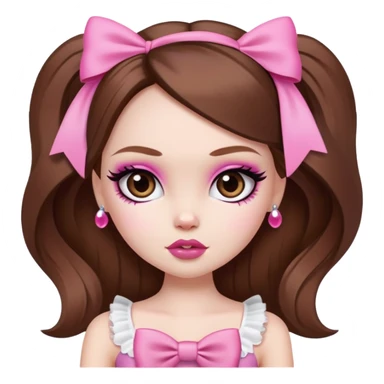 pretty bratz baddie, pale skin, brown hair, pink bow, cute sticker