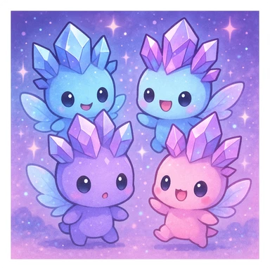 kawaii chibi style group of crystal sprite creatures in purple, blue, and pink, with tiny magical wings, playing together, magical background, adorable and fun sticker